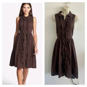 Kate Spade Sz 10 M Brown Eyelet Shirt Dress Sleeveless Knee Length Ruffle Preppy